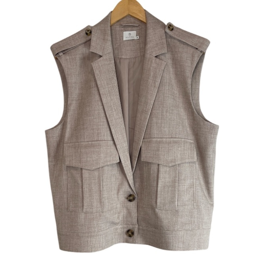 Kaffe Tan Kamaisa Waistcoat Sleeveless Jacket Vest 2 Button Cargo Pockets 44 14